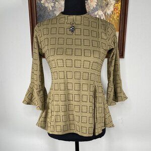 Diya Blouse Top Women's Large 3/4 Sleeve Flared Brown Geometric Lined Casual